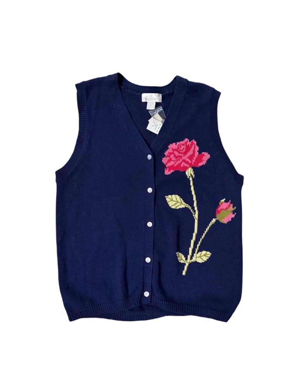Vintage Navy Blue Sweater Vest Pink Rose Knit Button Front 1X Maggie Barnes - Picture 2 of 8